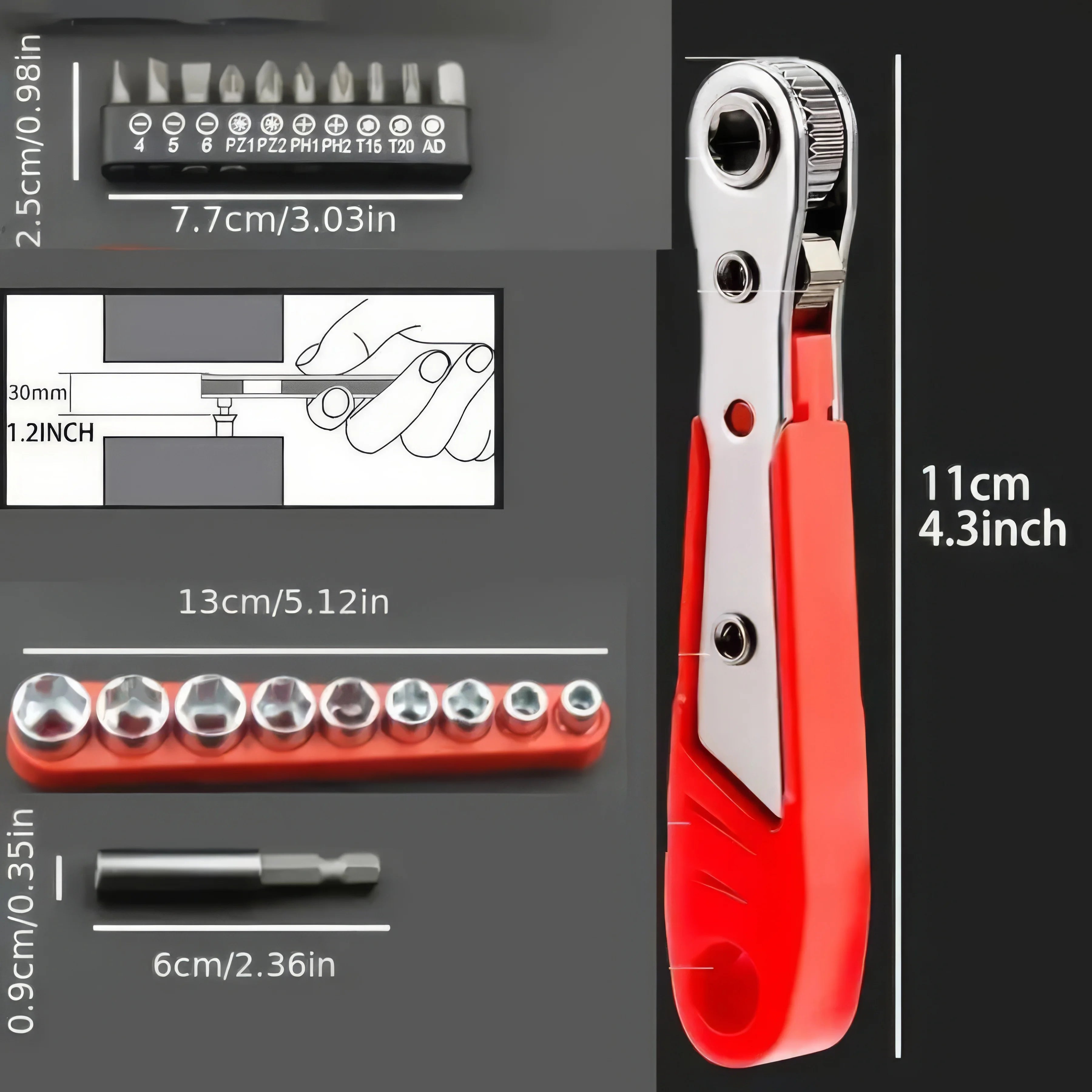 1 Set of Multifunctional Screwdriver in Red, with Forward and Reverse Ratchet, Compact Tool Set, Suitable for Small Space Use